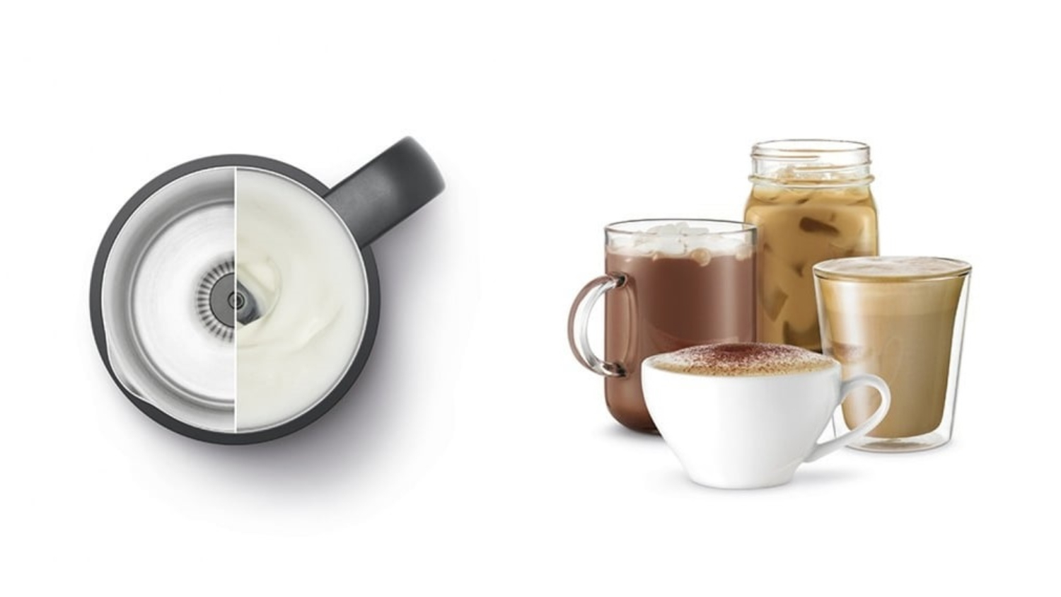 A top view of a milk frother beside four coffee drinks.