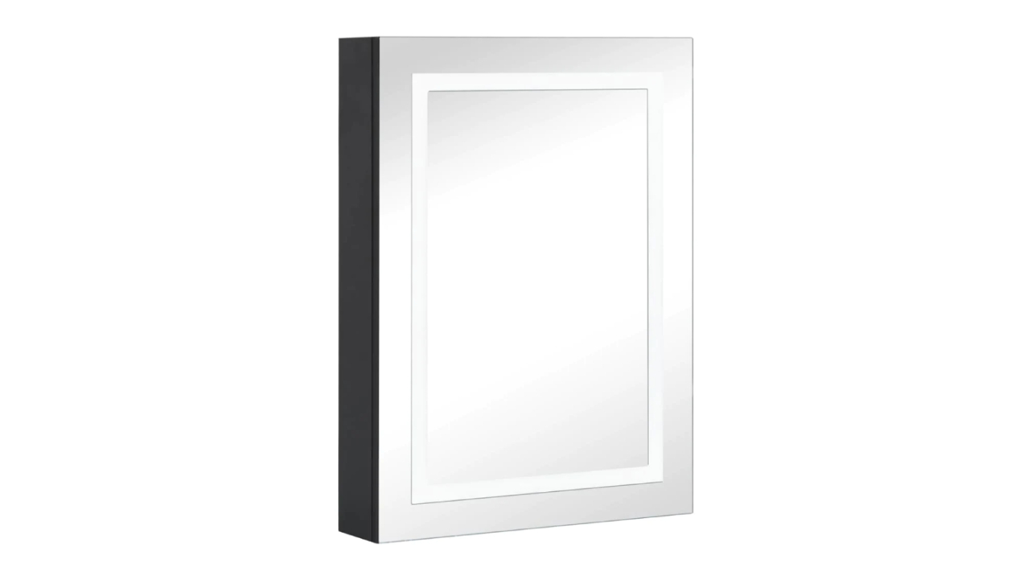 A wall-mounted black NNEVL LED backlit bathroom mirror cabinet with a rectangular LED light strip integrated into the mirror face