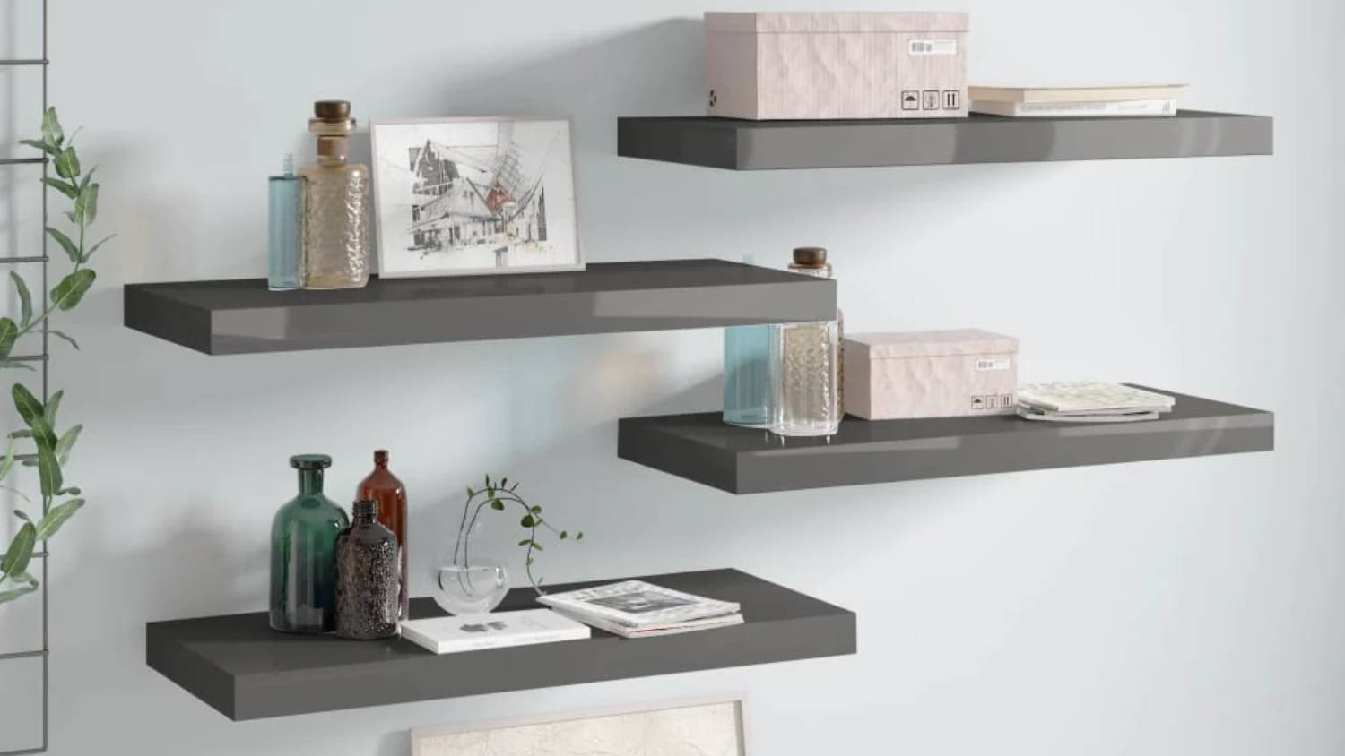NNEVL Floating Ledge Wall Shelves 4pcs. 60 x 23.5 x 3.8cm - Gloss Grey