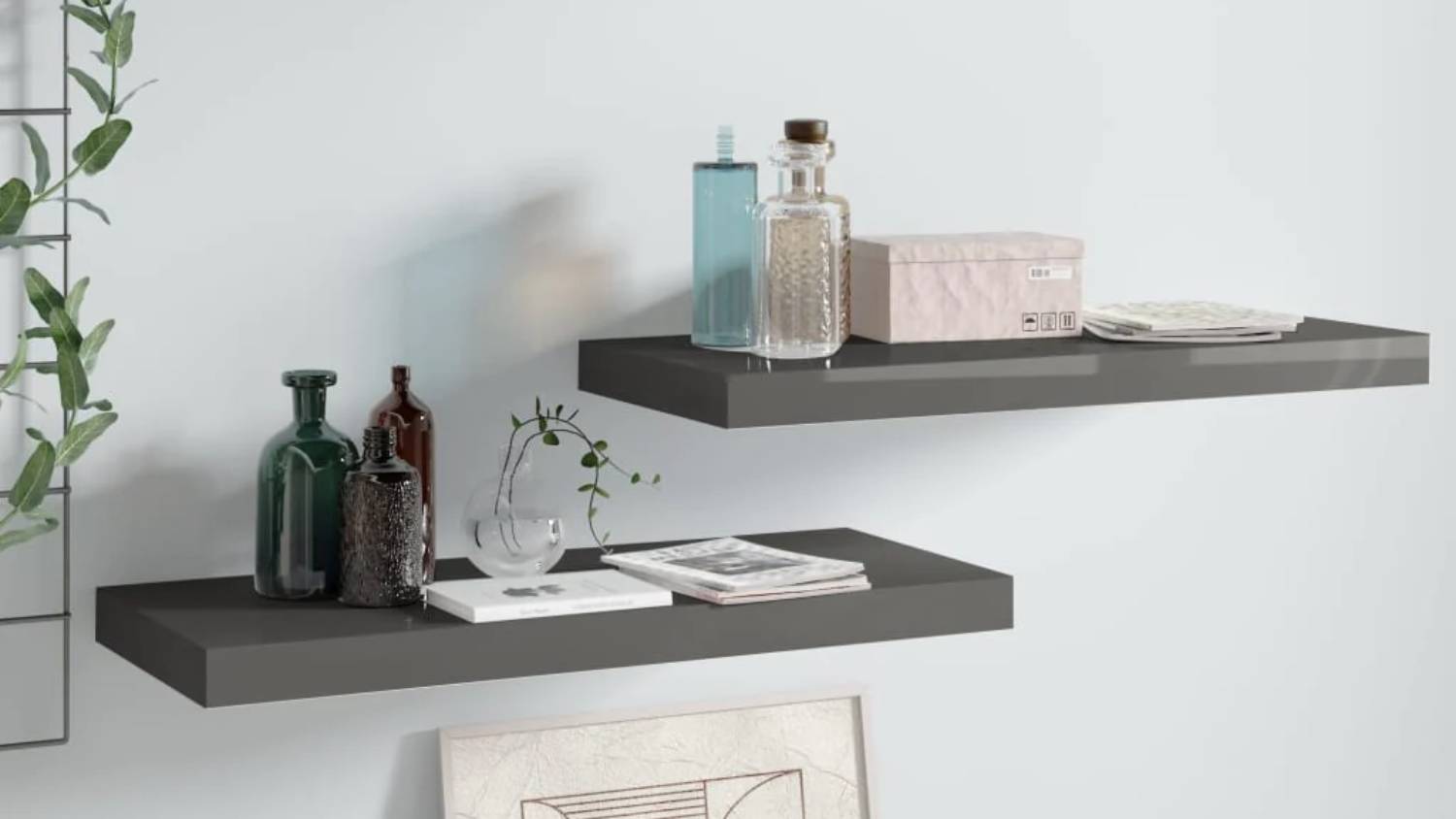 NNEVL Floating Ledge Wall Shelves 2pcs. 60 x 23.5 x 3.8cm - Gloss Grey