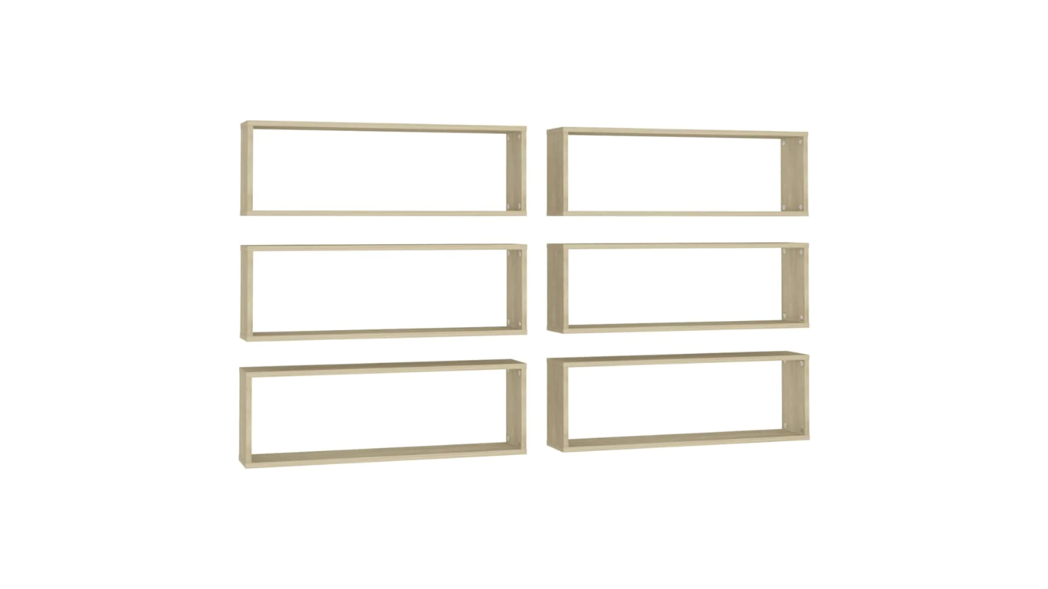Six NNEVL floating rectangular wooden wall shelves arranged in a grid of two columns and three rows