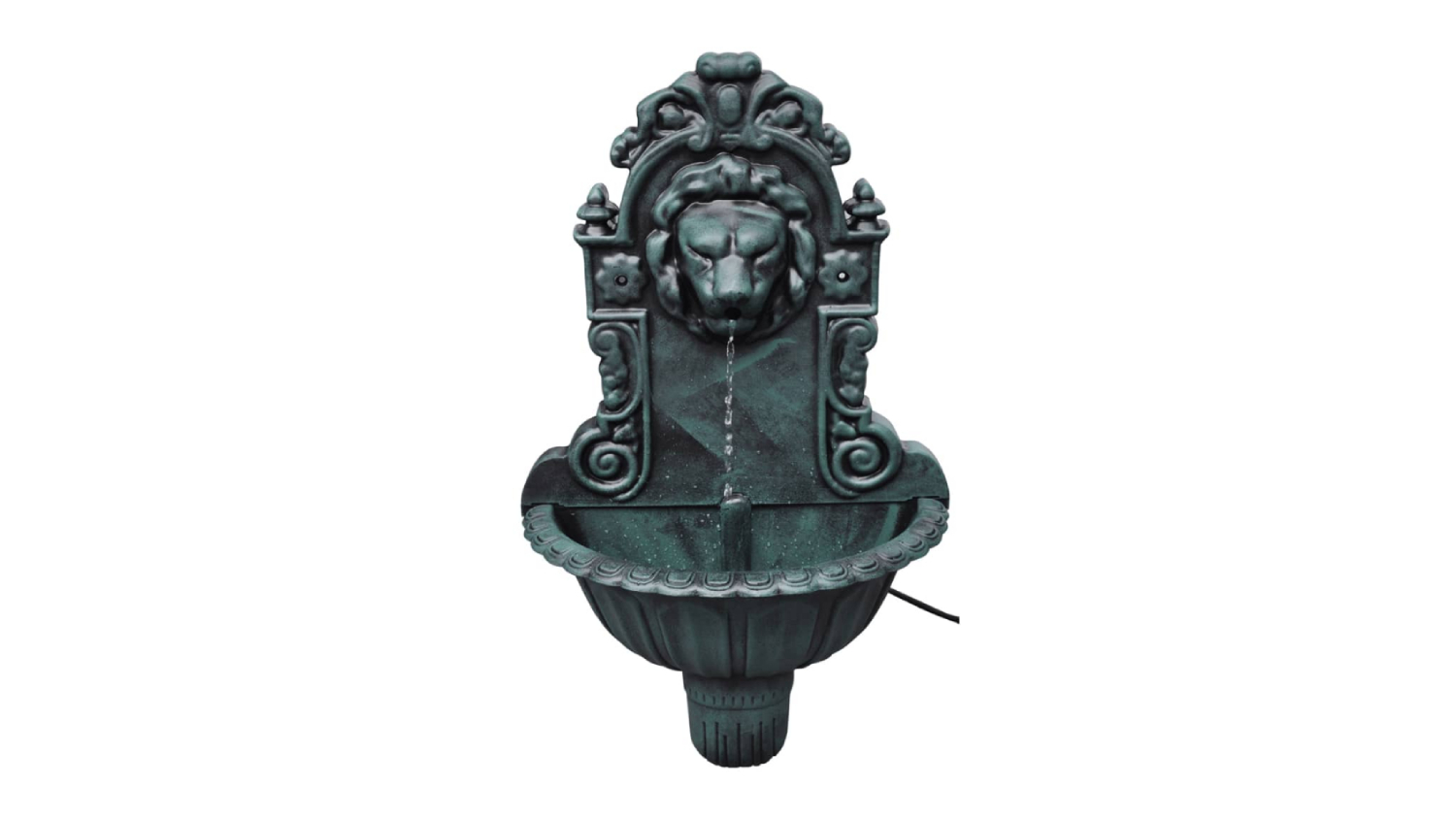 A view of the fountain with a lion head design