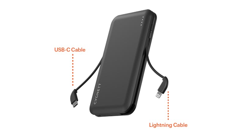 Cygnett ChargeUp Pocket 10,000mAh Power Bank with Integrated Charging Cables - Black