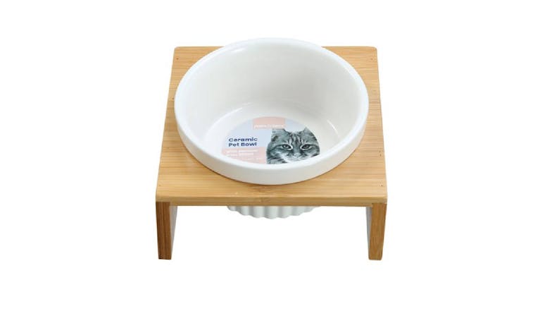 Ceramic Pet Cat Bowl Bamboo Base 300Ml 13 X 12 X 7cm