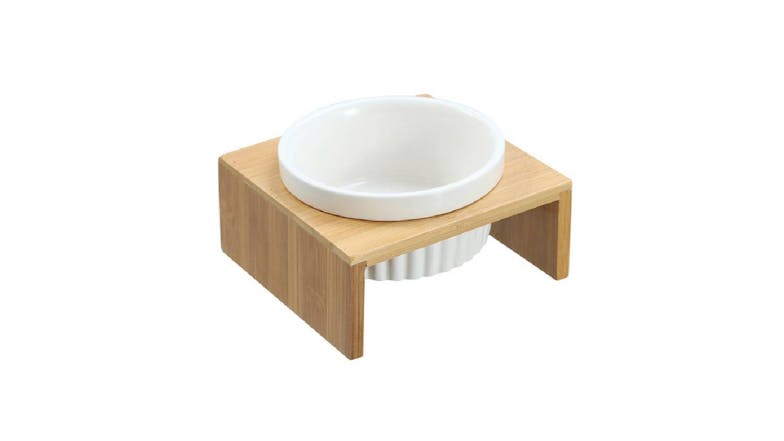 Ceramic Pet Cat Bowl Bamboo Base 300Ml 13 X 12 X 7cm