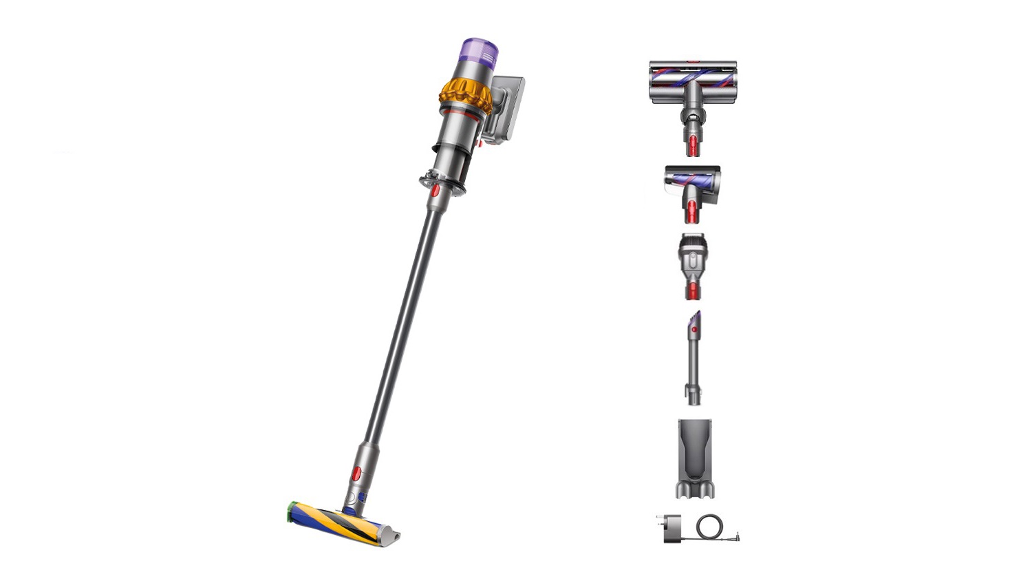 A cordless Dyson V15 Detect Absolute Handstick vacuum is shown with multiple detachable cleaning heads and accessories arranged beside it