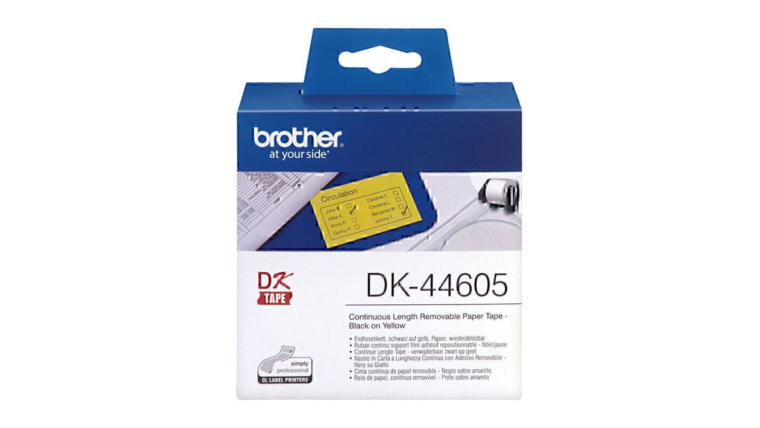 Brother DK-44605 Black on Yellow Removable Continuous Label Roll - 62mm x 30.48m