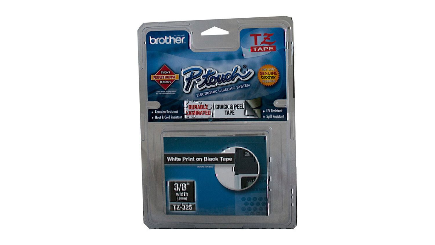 Brother TZe-325 White on Black Labelling Tape - 9mm x 8m