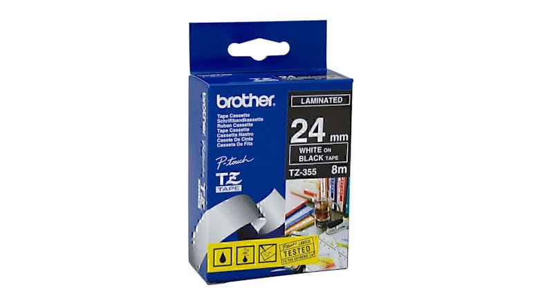 Brother TZe-355 White on Black Labelling Tape - 24mm x 8m