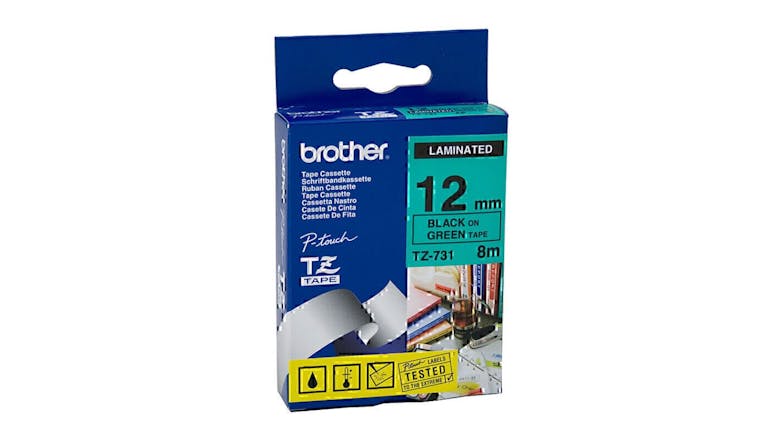 Brother TZe-731 Black on Green Labelling Tape - 12mm x 8m