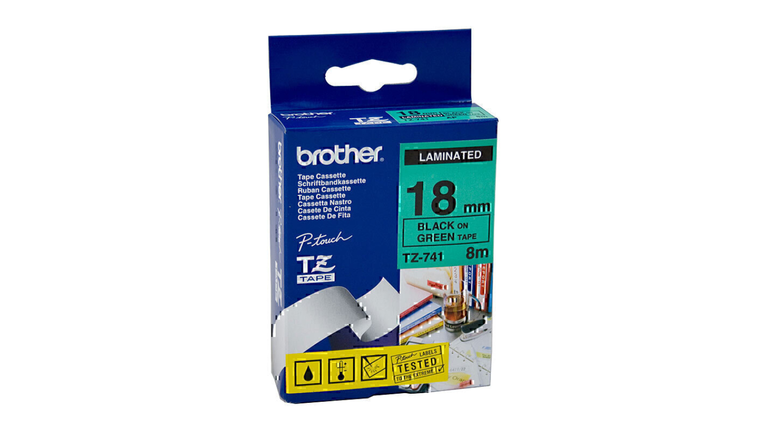 Brother TZe-741 Black on Green Labelling Tape - 18mm x 8m
