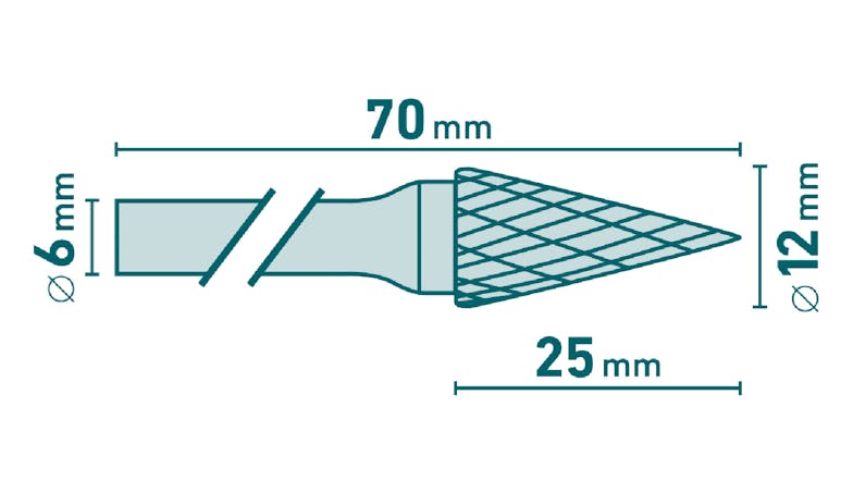 Extol Double-Cut Carbide Burr 12 x 25mm - Cone