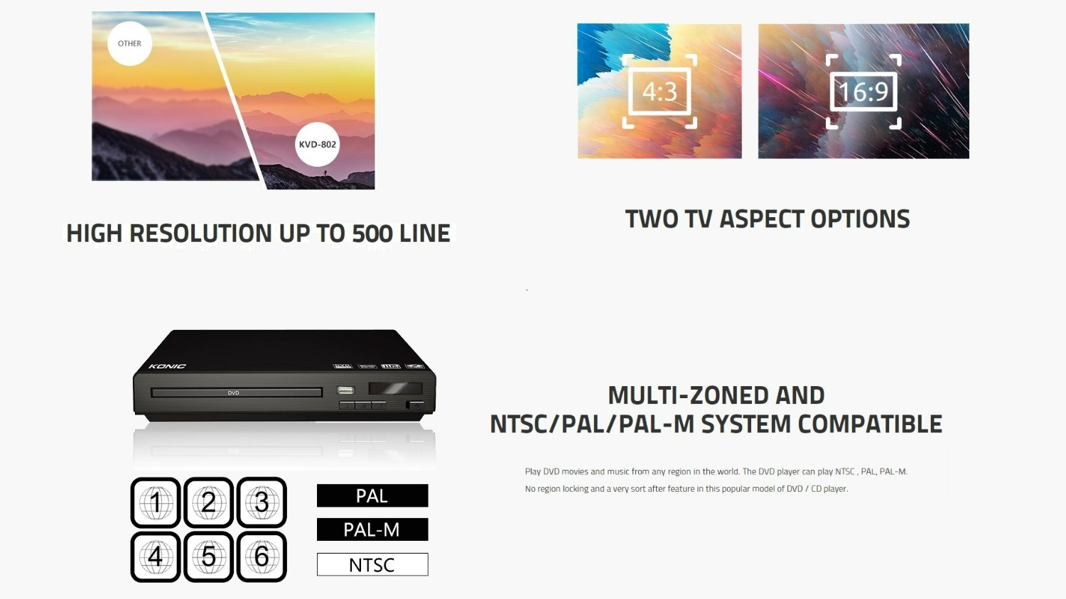 Konic Compact CD & DVD Player with Multi-Zone - Black (KVD-802)