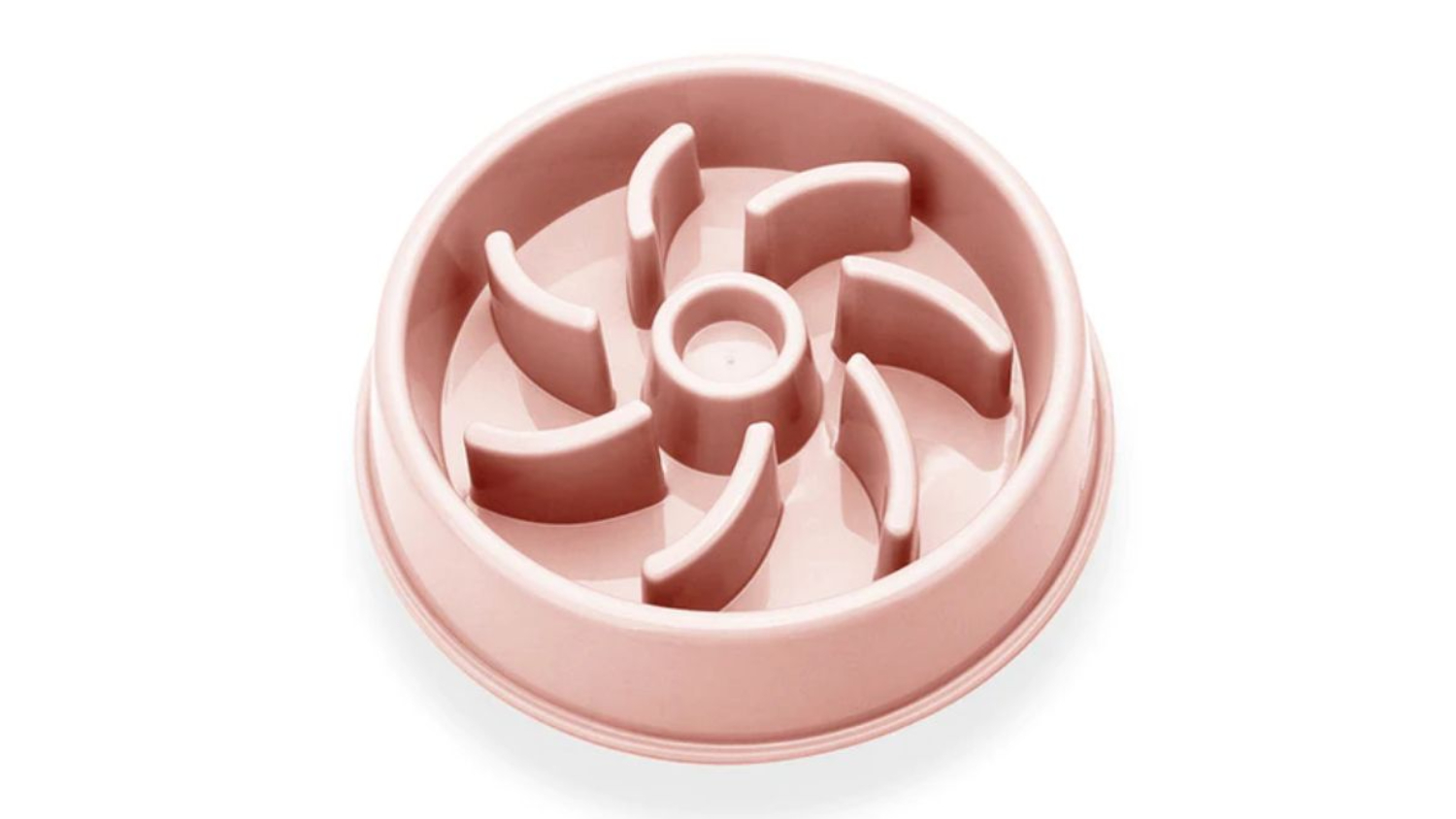 Pink, plastic Fluff n' Stuff  slow-feeder pet bowl with a spiral labyrinth design inside to prevent fast eating