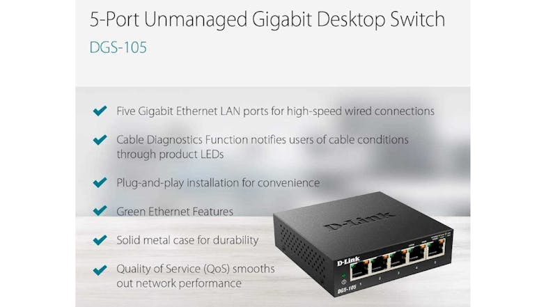 D-Link DGS-105 2000Mbps Gigabit Unmanaged Ethernet Switch - 5 Port