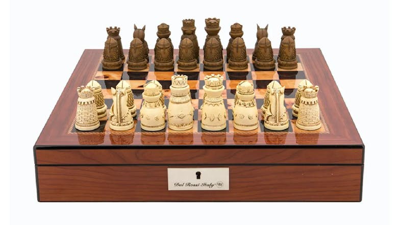 Dal Rossi 16" Chess Set Medieval Resin - Brown PU Leather Edge