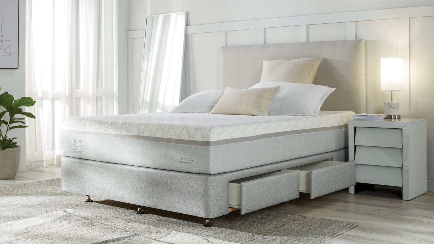 King Koil Embody Medium Queen Mattress with Designer Silver Drawer Bed Base