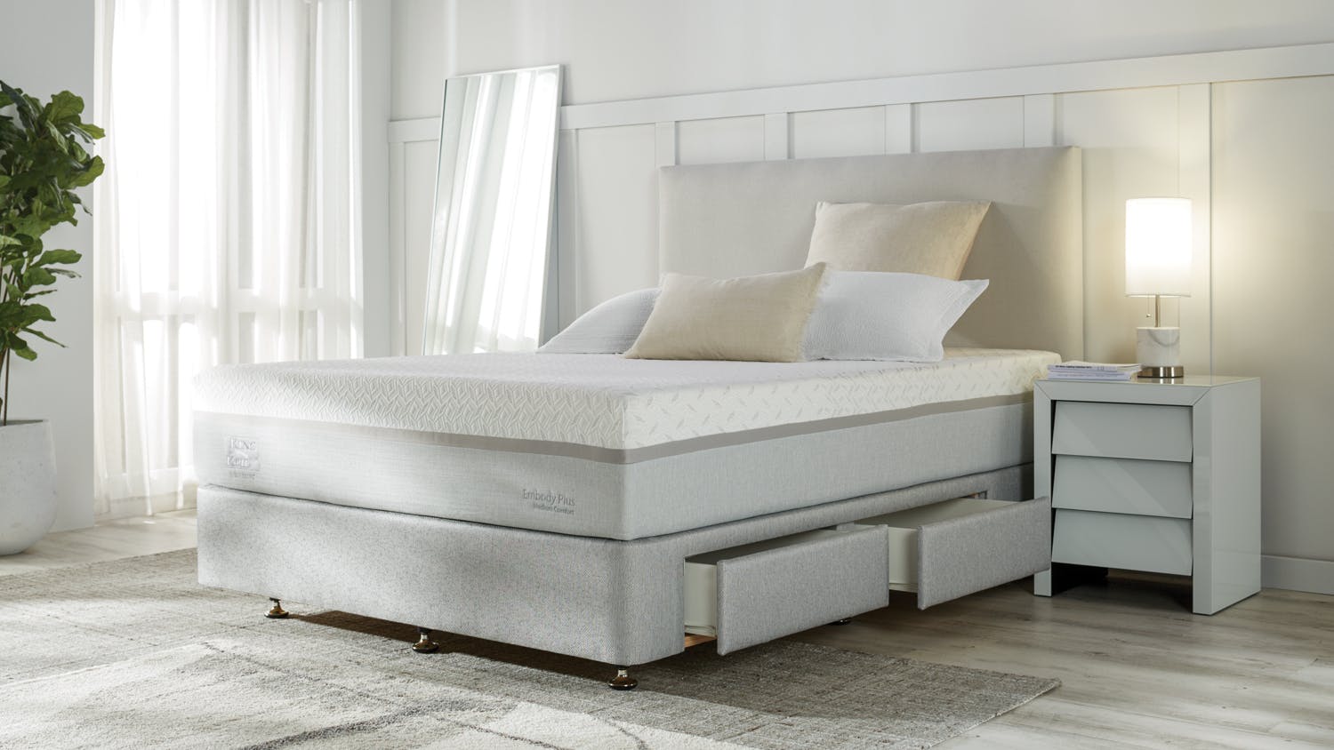 King Koil Embody Plus Medium Queen Mattress with Designer Silver Drawer Bed Base