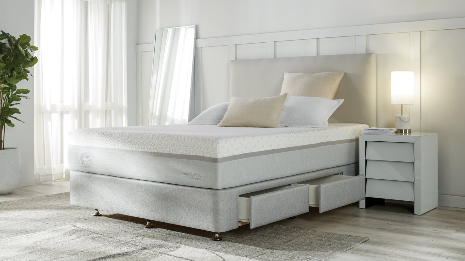 King Koil Embody Plus Soft Queen Mattress with Designer Silver Drawer Bed Base