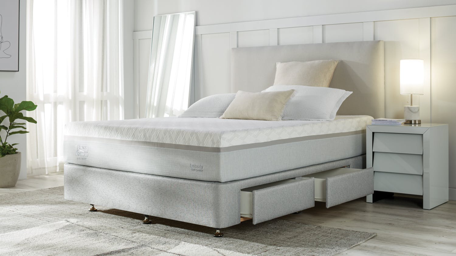 King Koil Embody Soft Queen Mattress with Designer Silver Drawer Bed Base