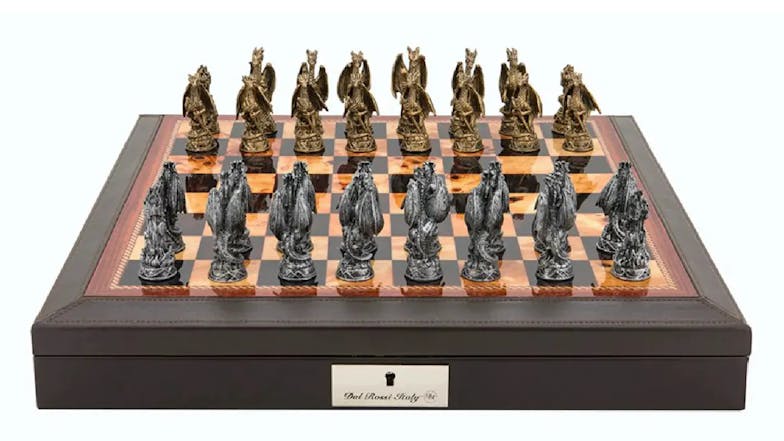 Dal Rossi 18" Dragon Pewter Chess Set - Brown PU Leather Edge