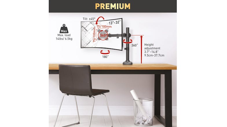 Barkan Single Arm Flat/Curved Monitor Desk Mount 13" - 32"