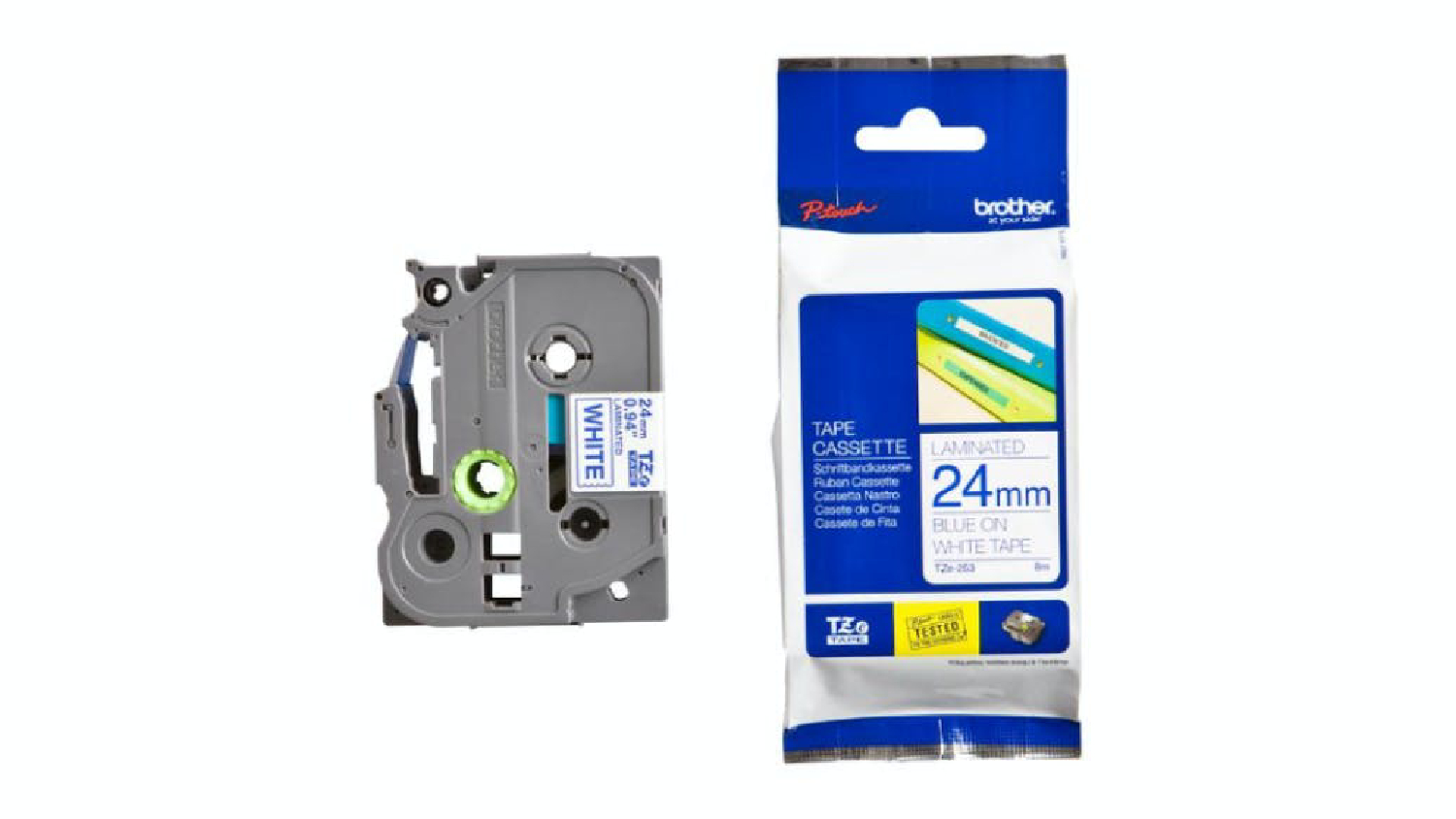 Brother TZe-253 Blue on White Labelling Tape - 24mm x 8m