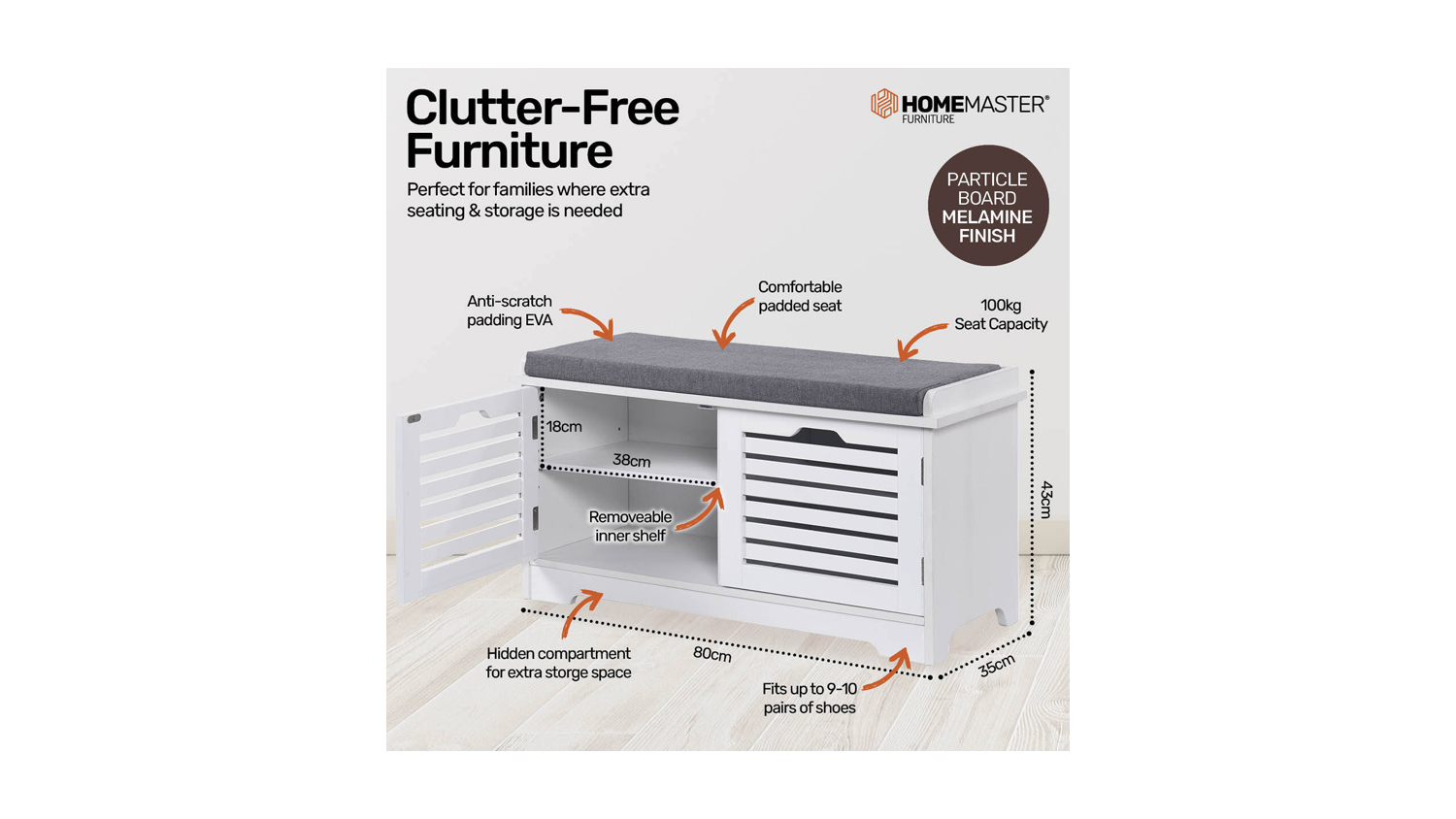 Shoe Cabinet With Cushion Seating - W/Removable Cushion 80Cm X 35Cm X 43Cm