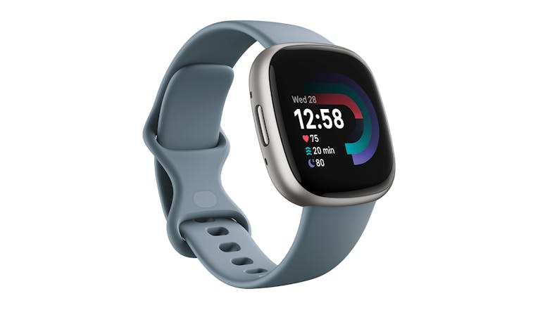 Fitbit Versa 4 Smartwatch - Platinum Aluminium Case with Waterfall Blue Band (Bluetooth, GPS)