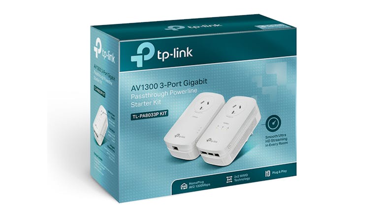 TP-Link TL-PA8033P AV1300 Powerline with 1300Mbps Wi-Fi Range Extender & Passthrough Socket - 2 Pack (White)