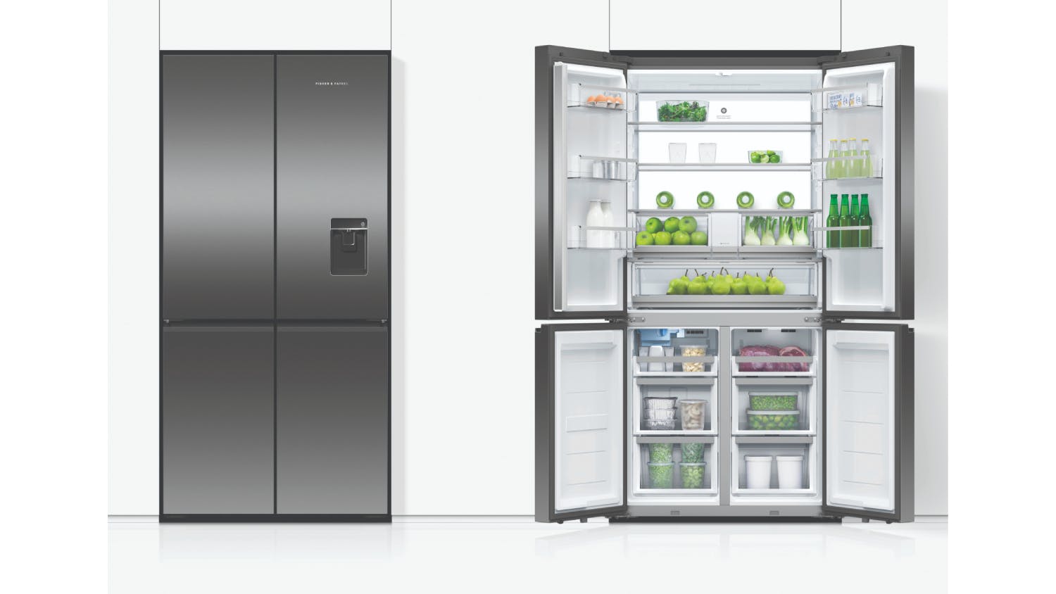 Fisher & Paykel 690L Quad Door Fridge Freezer with Ice & Water Dispenser - Black Stainless Steel (Series 7/RF730QNUVB1)