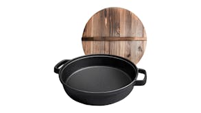 SOGA Cast Iron Deep Frying Pan w/ Wooden Lid 29cm