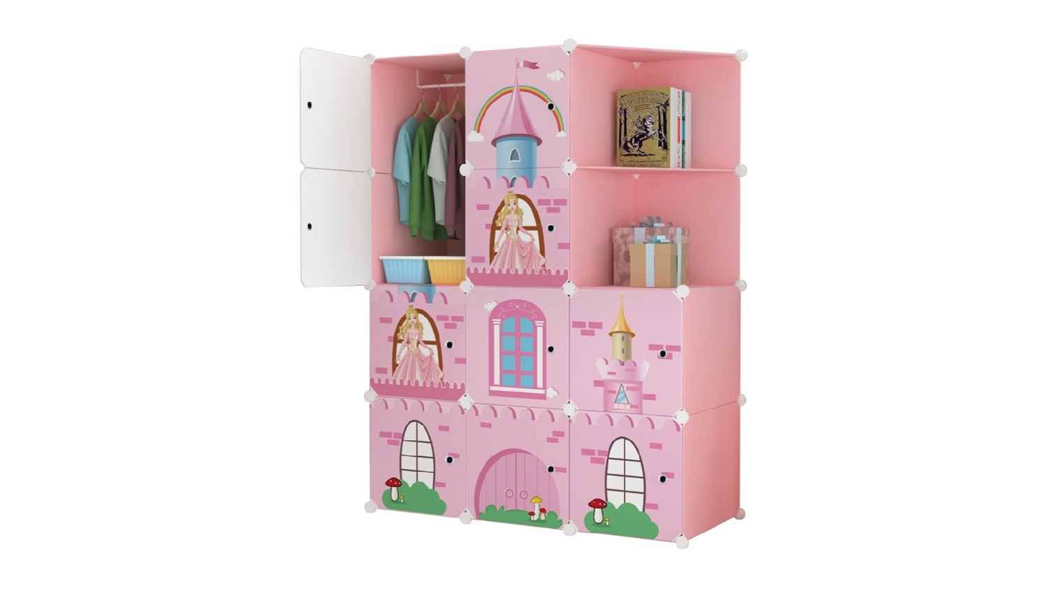 SOGA Modular Children's Storage Cubes 110 x 37 x 146cm - Pink Castle Print