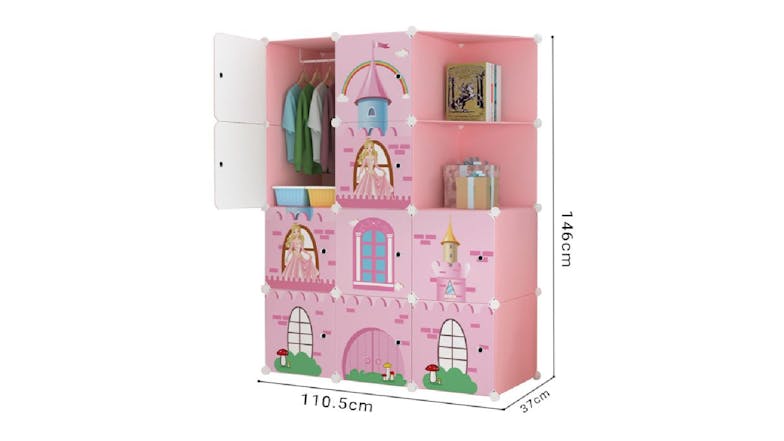 SOGA Modular Children's Storage Cubes 110 x 37 x 146cm - Pink Castle Print