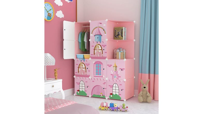 SOGA Modular Children's Storage Cubes 110 x 37 x 146cm - Pink Castle Print