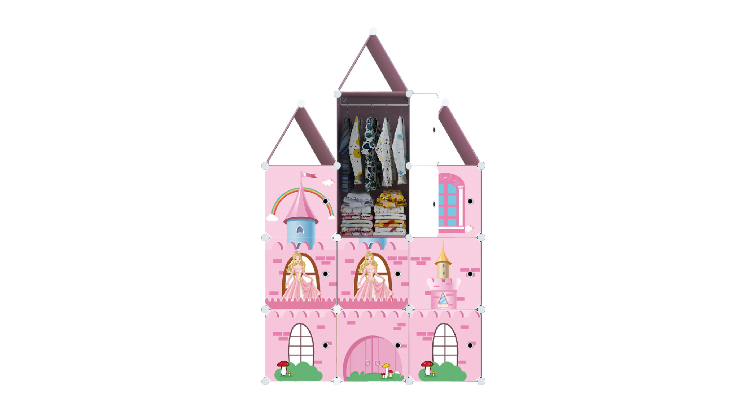 SOGA Modular Children's Storage Cubes 110 x 37 x 165cm - Pink Castle Print
