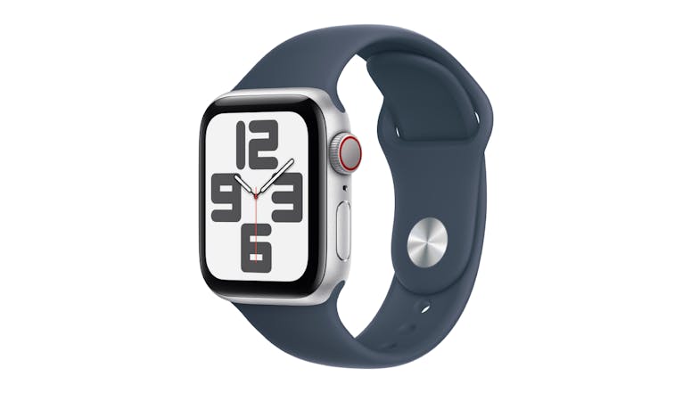 Apple Watch SE (3rd Gen) - Silver Aluminium Case with Storm Blue Sport Band (40mm, Cellular & GPS, Bluetooth, Small-Medium Band)