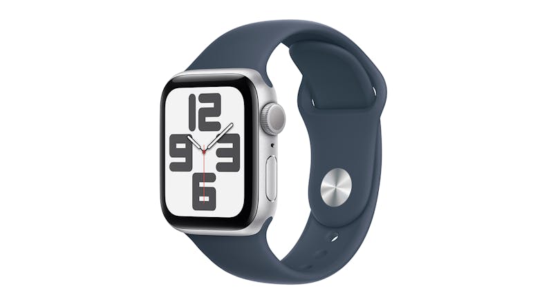 Apple Watch SE (3rd Gen) - Silver Aluminium Case with Storm Blue Sport Band (40mm, GPS, Bluetooth, Medium-Large Band)