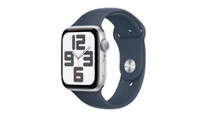 Apple Watch SE (3rd Gen) - Silver Aluminium Case with Storm Blue Sport Band (44mm, GPS, Bluetooth, Medium-Large Band)