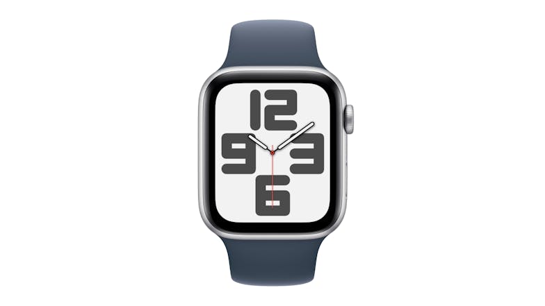 Apple Watch SE (3rd Gen) - Silver Aluminium Case with Storm Blue Sport Band (44mm, GPS, Bluetooth, Small-Medium Band)