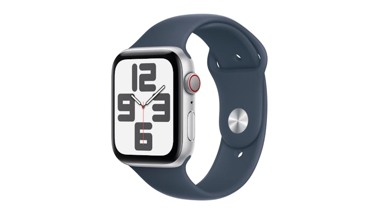 Apple Watch SE (3rd Gen) - Silver Aluminium Case with Storm Blue Sport Band (44mm, Cellular & GPS, Bluetooth, Small-Medium Band)