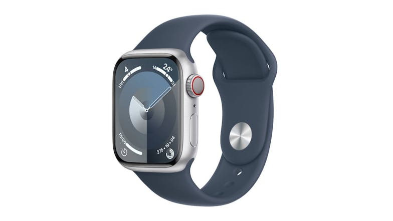 Apple Watch Series 9 - Silver Aluminium Case with Storm Blue Sport Band (41mm, GPS, Bluetooth, Small-Medium Band)