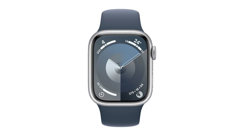 Apple Watch Series 9 - Silver Aluminium Case with Storm Blue Sport Band (41mm, GPS, Bluetooth, Small-Medium Band)