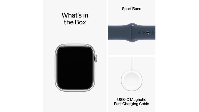Apple Watch Series 9 - Silver Aluminium Case with Storm Blue Sport Band (45mm, GPS, Bluetooth, Small-Medium Band)