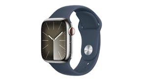 Apple Watch Series 9 - Silver Stainless Steel Case with Storm Blue Sport Band (41mm, Cellular & GPS, Bluetooth, Small-Medium Band)