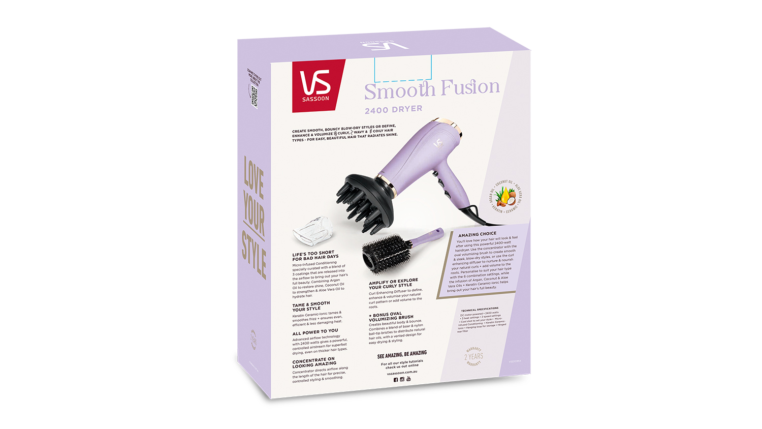 VS Sassoon Smooth Fusion 2400 Hair Dryer - Purple (VSD131RA
