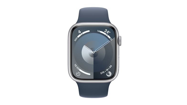 Apple Watch Series 9 - Silver Aluminium Case with Storm Blue Sport Band (45mm, Cellular & GPS, Bluetooth, Small-Medium Band)