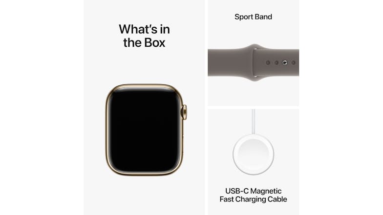 Apple Watch Series 9 - Gold Stainless Steel Case with Clay Sport Band (45mm, Cellular & GPS, Bluetooth, Small-Medium Band)