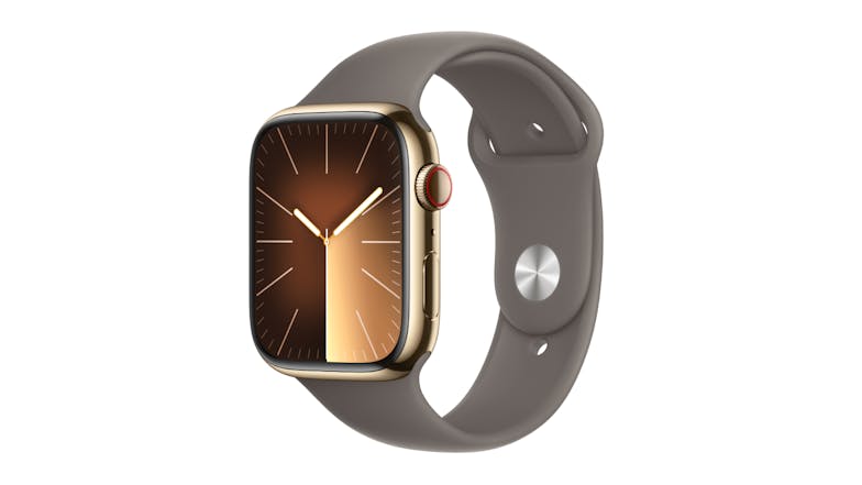 Apple Watch Series 9 - Gold Stainless Steel Case with Clay Sport Band (45mm, Cellular & GPS, Bluetooth, Small-Medium Band)