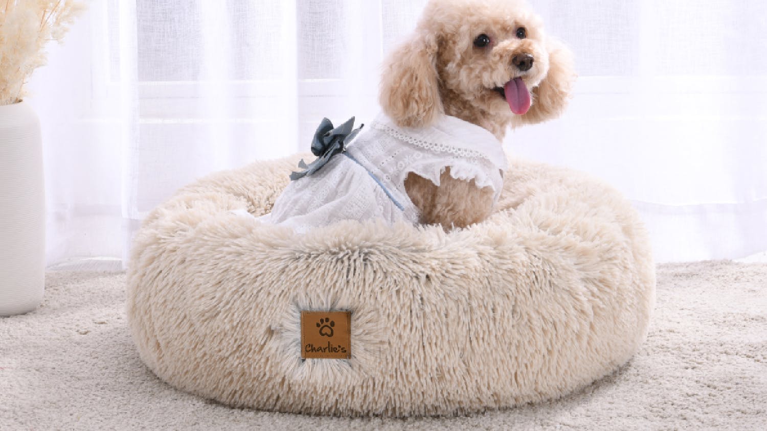 Charlie's Shaggy Faux Fur Round Pet Bed Small - Cream